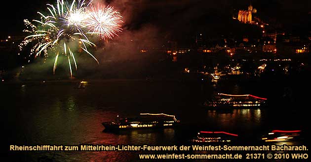 Boat cruise Rhine River Lights to the wine festival summer night in Bacharach on the Rhine River